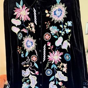 Johnny Was Black Velvet Jacket with Floral Embroidery